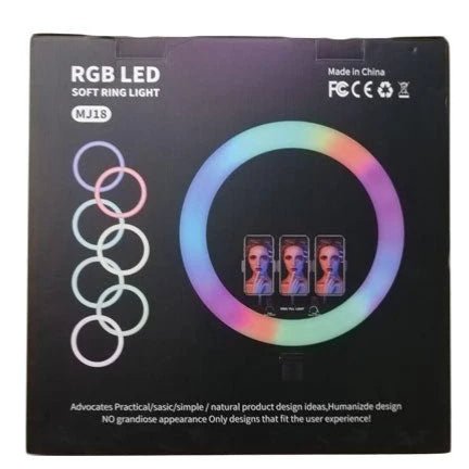 RGB LED Soft Ring Light MJ18 | 18 inch Ring Light with Tripod + Phone Holder | 16 RGB Modes | For TikTok, YouTube, Selfies, Makeup